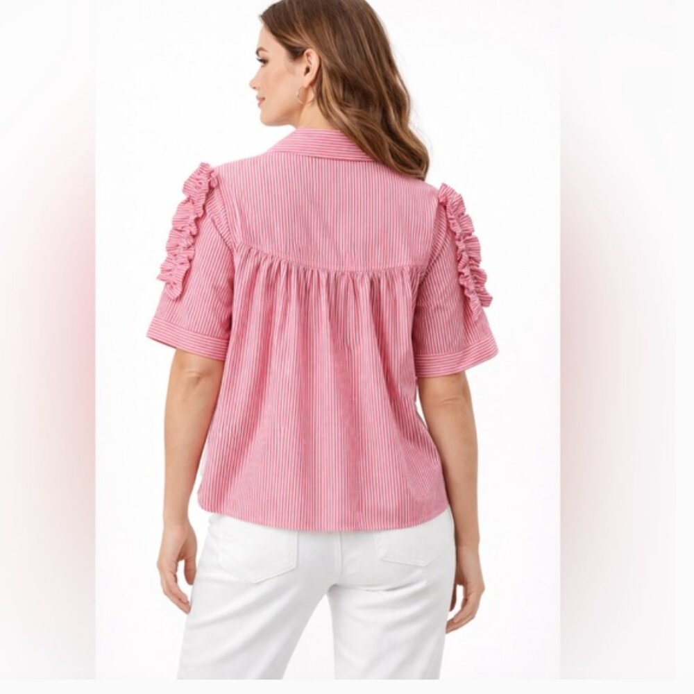 WALTER BAKER Red White Striped Button-Down Short Sleeve Blouse, Ruffle, Size S - Picture 2 of 12